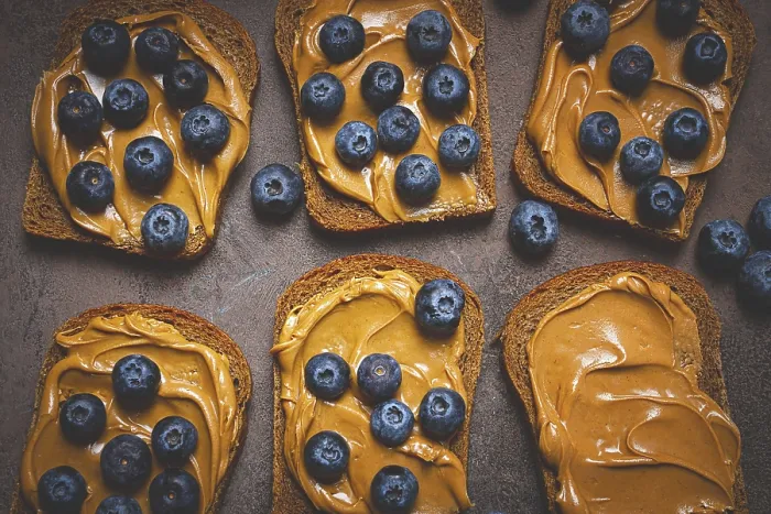 Framed Print : Rye bread with peanut paste and fresh blueberries Framed Print : Rye bread with peanut paste and fresh blueberries