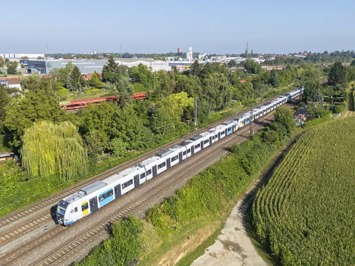 Framed Print : S-Bahn Stuttgart train operated by Deutsche Bahn DB Regio Aerial view in Kornwestheim