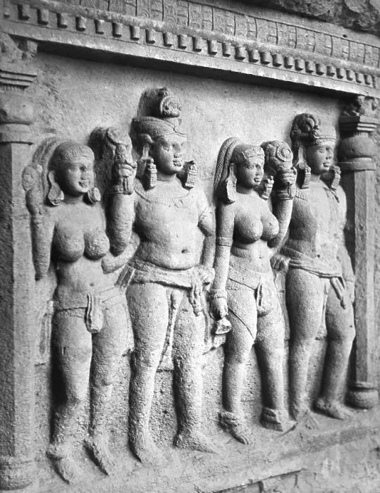 Framed Print : s tone sculpture at Kanheri caves at Bombay Mumbai, Maharas htra, India 1940's