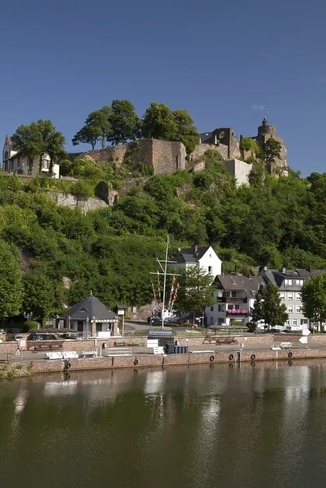 Framed Print : Saar shore with pier and above the Saarburg castle ruins Framed Print : Saar shore with pier and above the Saarburg castle ruins