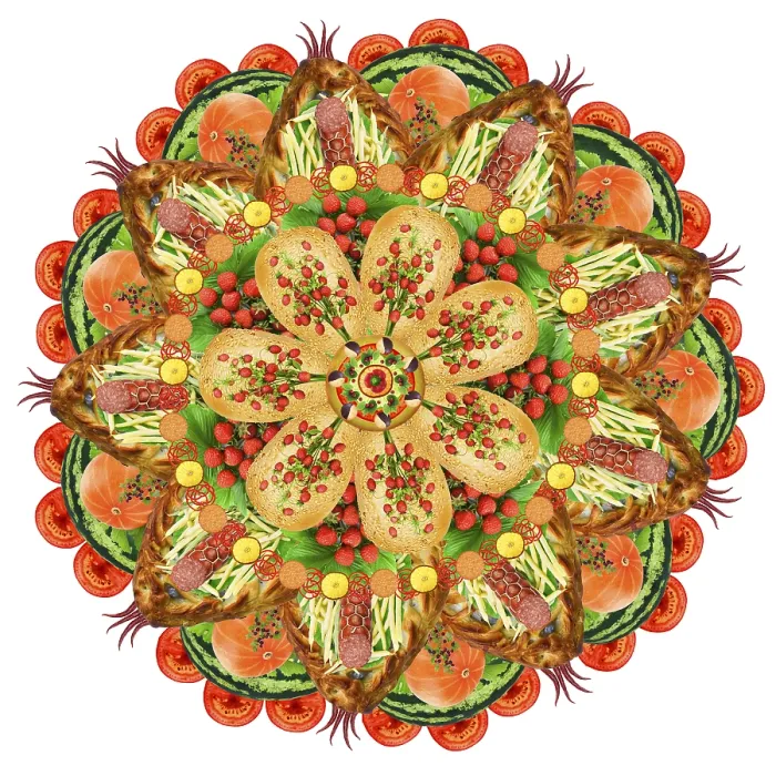 Framed Print : Sacred mandala of fat men and gluttons made from foods ingredients - fruits