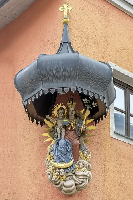 Framed Print : Sacred sculpture of Mary and the Child Jesus under a canopy on a residential house Framed Print : Sacred sculpture of Mary and the Child Jesus under a canopy on a residential house