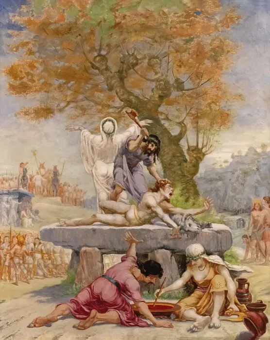 Framed Print : Sacrifice on a dolmen, painting by Jean-Baptiste Cariven (1843 to 1904) Framed Print : Sacrifice on a dolmen, painting by Jean-Baptiste Cariven (1843 to 1904)