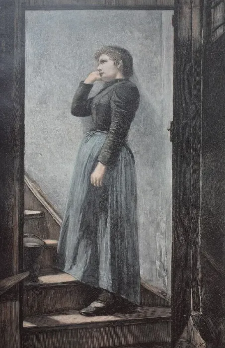 Framed Print : Sad woman standing on the stairs Framed Print : Sad woman standing on the stairs