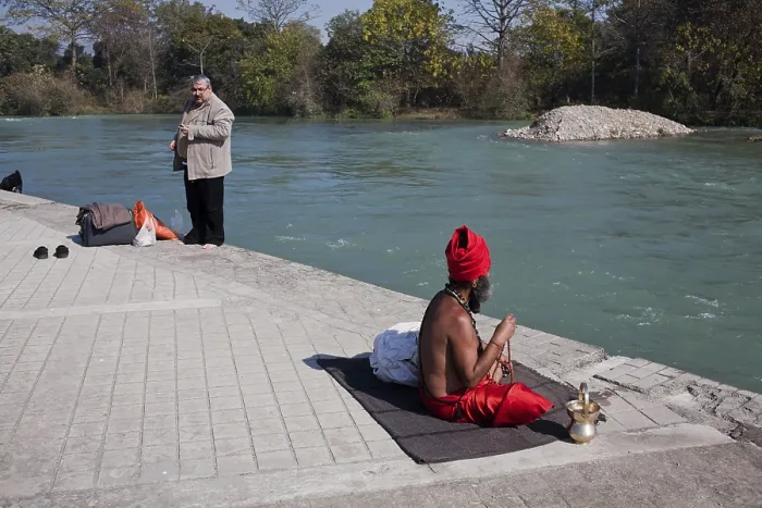 Framed Print : Sadhu mediating on Ganga River in Rishikesh Uttarakhand India