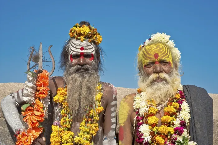 Framed Print : Two sadhus, holy men with a typical face painting Framed Print : Two sadhus, holy men with a typical face painting