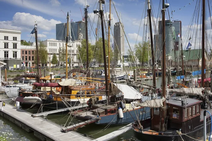 Framed Print : Sailboats moored at Rotterdam city marina in Netherlands