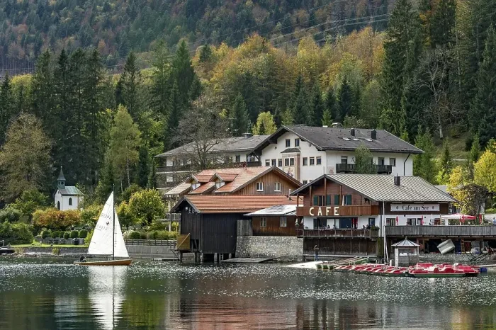 Framed Print : Sailing boat, lakeside cafe, inn