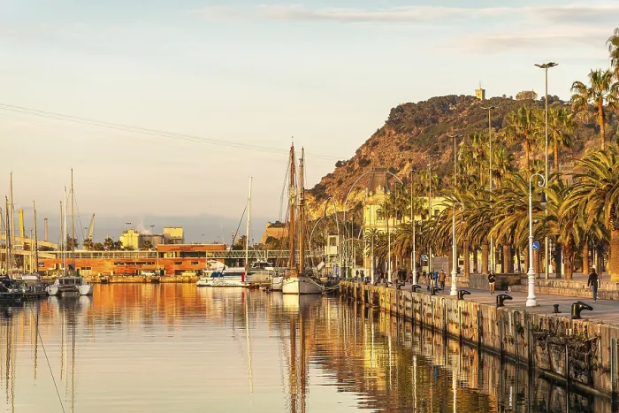 Framed Print : Sailing ships in the harbour Port Vell in Barcelona