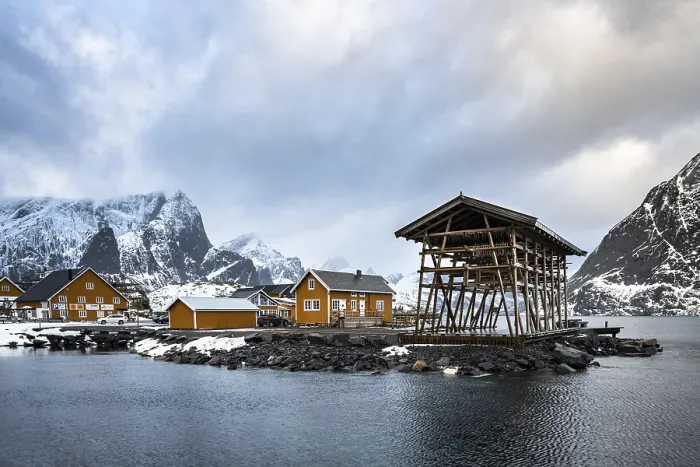 Framed Print : Sakrisoy, yellow houses and fish rack