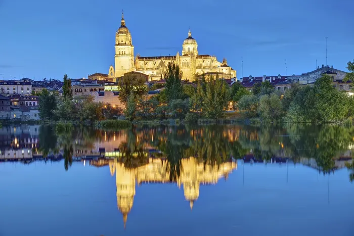 Framed Print : Salamanca Cathedral with the Tormes River in Spain at night