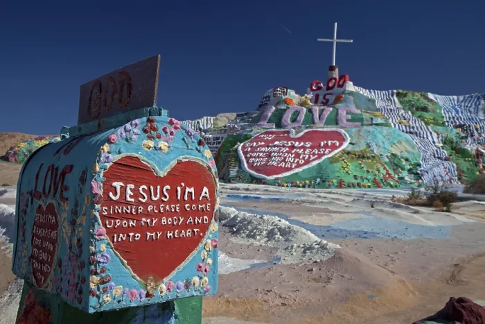 Framed Print : Salvation Mountain, a desert hillside covered with religious messages