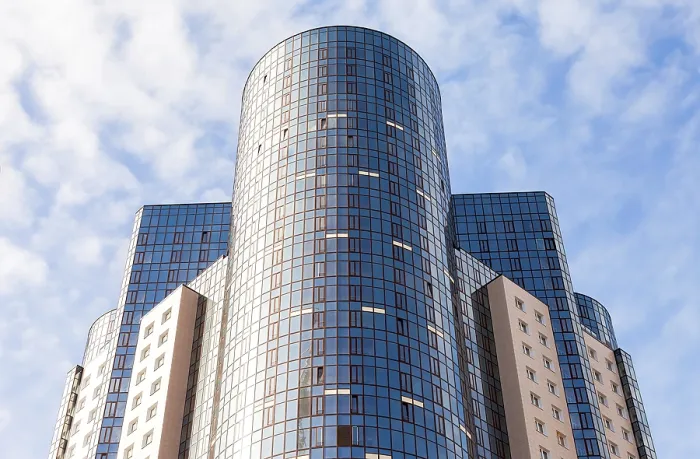 Framed Print : SAMARA, RUSSIA - APRIL 11, 2015: Detail of modern tall apartment building against blue sky background Framed Print : SAMARA, RUSSIA - APRIL 11, 2015: Detail of modern tall apartment building against blue sky background