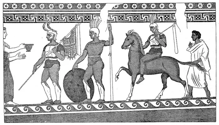 Framed Print : Samnite Warriors, lid image from the tomb of a Samnite warrior from Paestum