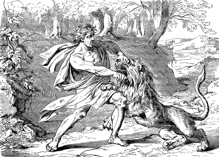 Framed Print : Samson fighting with the lion, vineyards in Thimnath