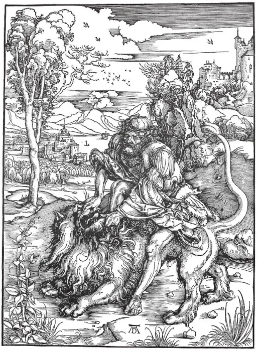Framed Print : Samson fighting the lion, woodcut by Albrecht Duerer