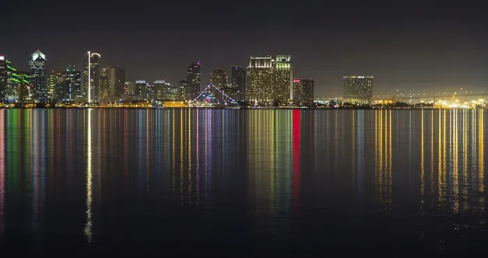 Framed Print : San Diego skyline, night, water reflections