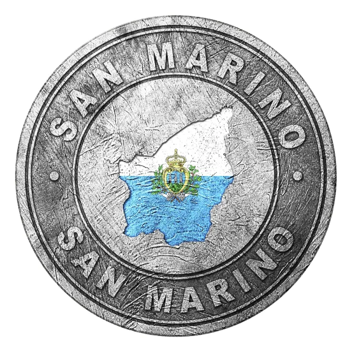 Framed Print : San Marino Flag Button with Map, Coin Style