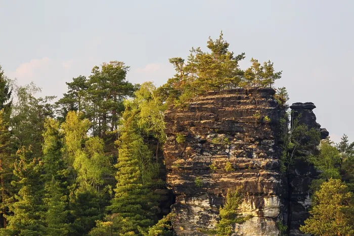 Framed Print : Sandstone formations in late light at the Bastei rocks near the village of Rathen in Saxon Switzerland National Park
