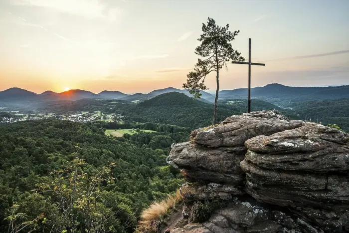 Framed Print : Sandstone rock with pine tree and summit cross Framed Print : Sandstone rock with pine tree and summit cross