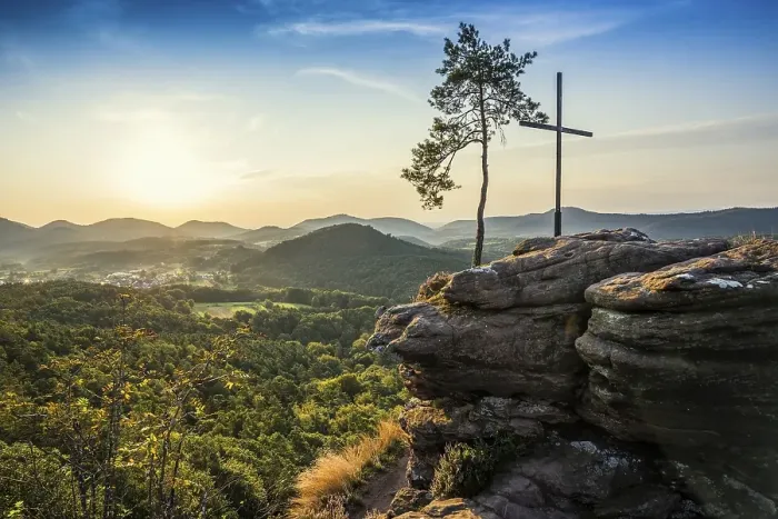 Framed Print : Sandstone rock with pine tree and summit cross