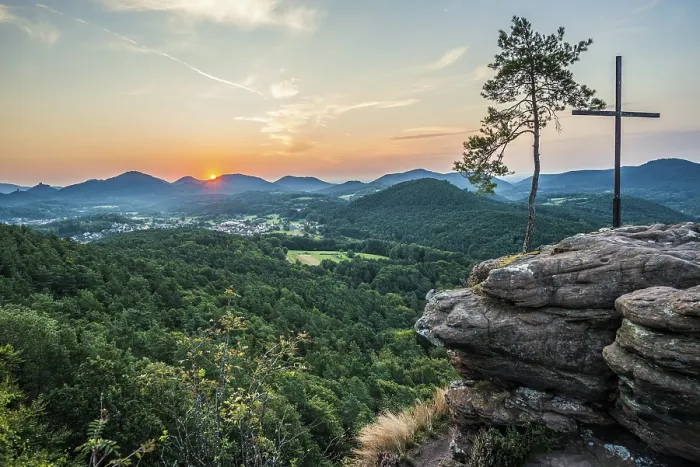 Framed Print : Sandstone rock with pine tree and summit cross