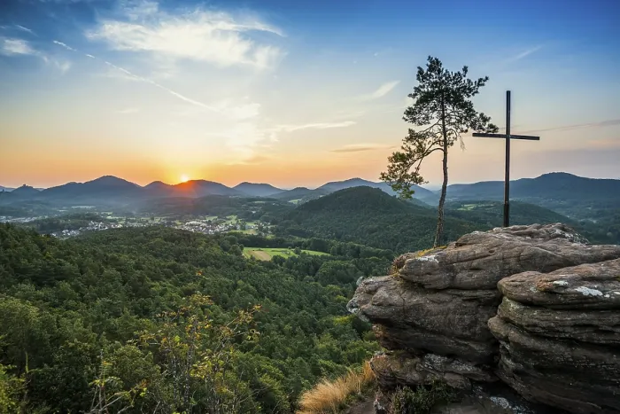 Framed Print : Sandstone rock with pine tree and summit cross