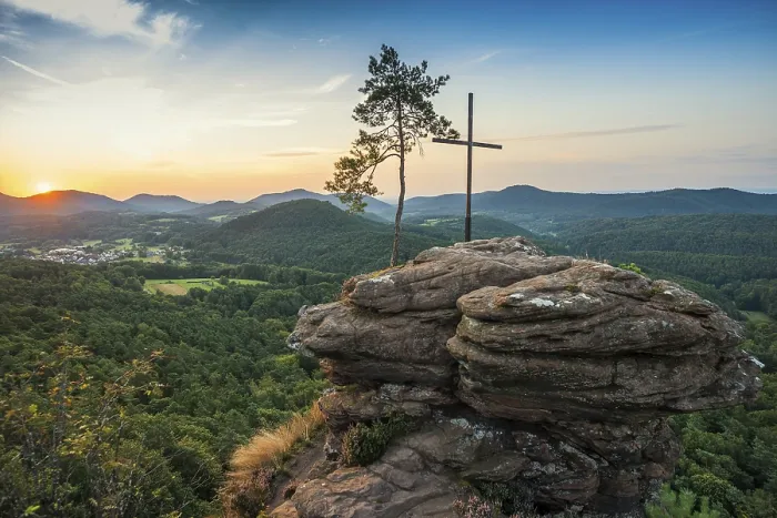 Framed Print : Sandstone rock with pine tree and summit cross
