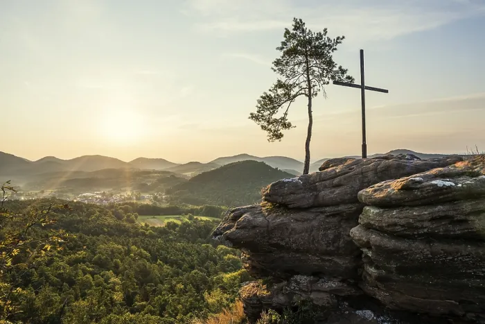 Framed Print : Sandstone rock with pine tree and summit cross
