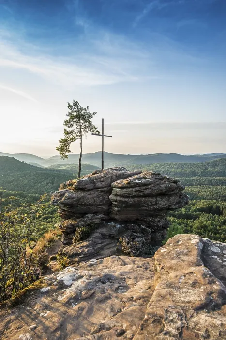 Framed Print : Sandstone rock with pine tree and summit cross Framed Print : Sandstone rock with pine tree and summit cross
