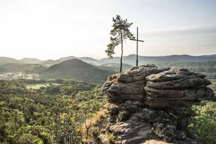 Framed Print : Sandstone rock with pine tree and summit cross