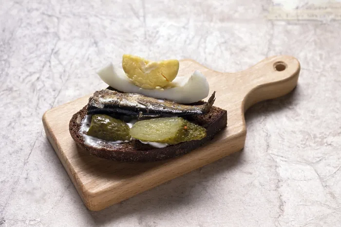 Framed Print : Sandwich with smoked saury on whole grain bread