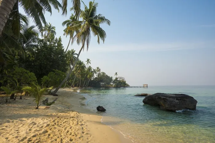 Framed Print : Sandy beach beach with coconut palms