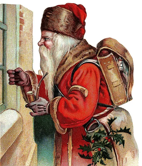 Framed Print : Santa Claus with pipe and bag full of gifts at the window Framed Print : Santa Claus with pipe and bag full of gifts at the window
