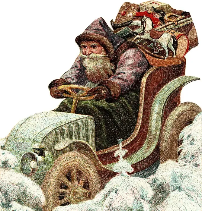 Framed Print : Santa driving a car and bringing gifts Framed Print : Santa driving a car and bringing gifts