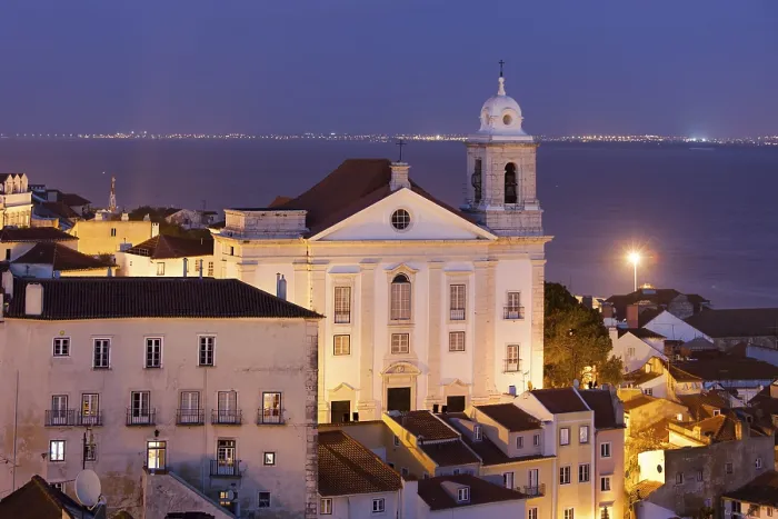 Framed Print : Santo Estevao Church at night in old Alfama district of Lisbon in Portugal