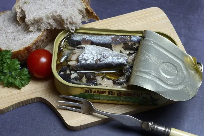 Framed Print : Sardines in opened tin with fork Framed Print : Sardines in opened tin with fork