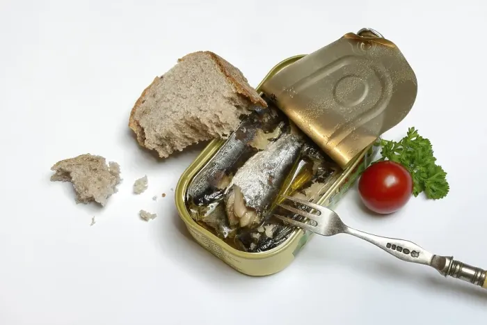 Framed Print : Sardines in opened tin with fork Framed Print : Sardines in opened tin with fork