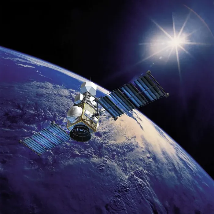 Framed Print : Satellite above the Earth pointed toward the rising sun
