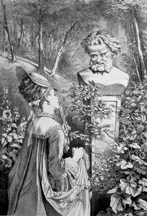 Framed Print : At the satyr in the park, woman standing in front of a bust