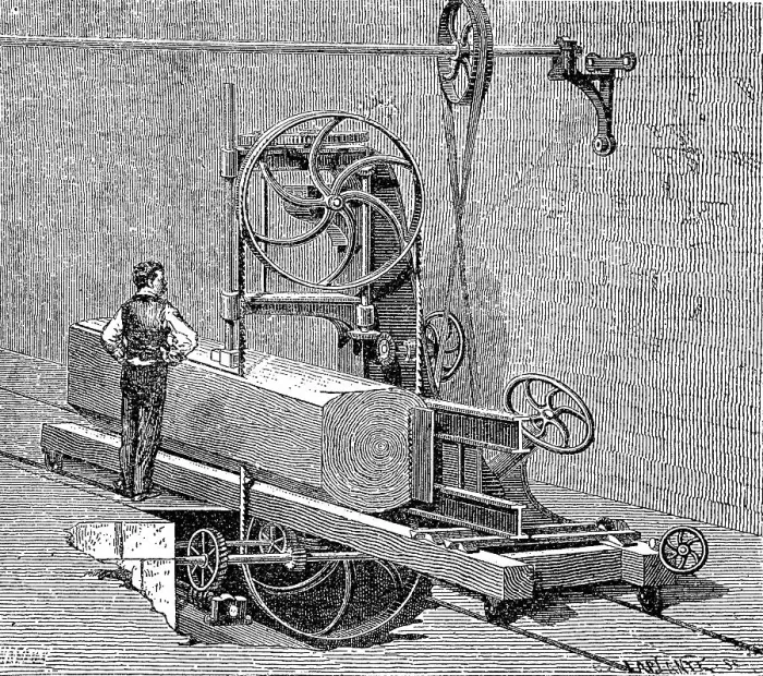 Framed Print : Sawmill, woodworking, band saw from 1880