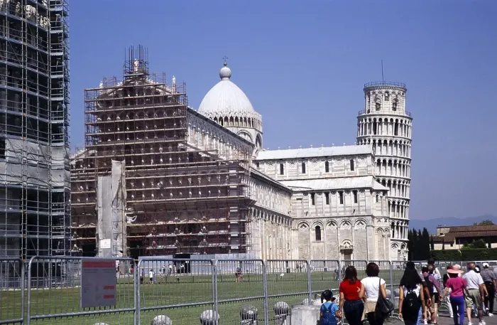 Framed Print : Scaffolding repairs and maintenance work on the cathedral church next to the Leaning Tower of Pisa, Italy, in 1999, Europe
