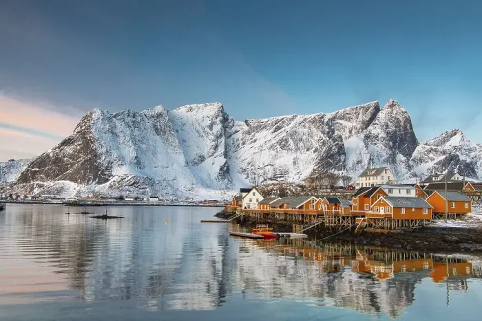 Framed Print : Scandinavian landscape with boathouses at the fjord Framed Print : Scandinavian landscape with boathouses at the fjord
