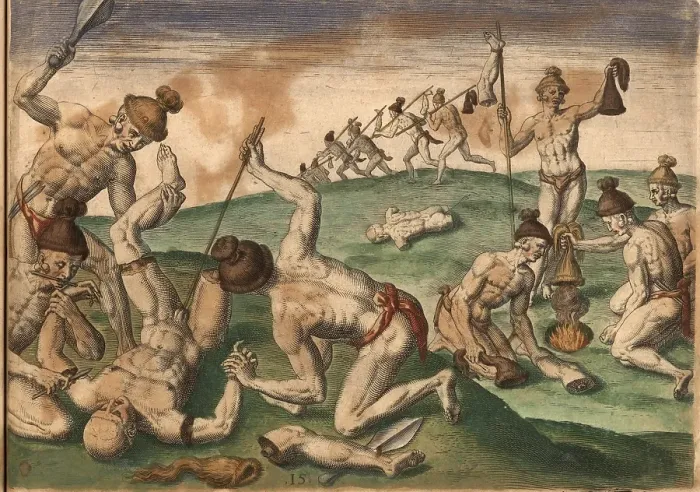 Framed Print : Scene from the aftermath of the war. Native Americans scalp fallen enemies, dry the scalps over a fire and mutilate the corpses. Includes war clubs, arrows and knives, Historic, digitally restored reproduction of an original from the period Framed Print : Scene from the aftermath of the war. Native Americans scalp fallen enemies, dry the scalps over a fire and mutilate the corpses. Includes war clubs, arrows and knives, Historic, digitally restored reproduction of an original from the period