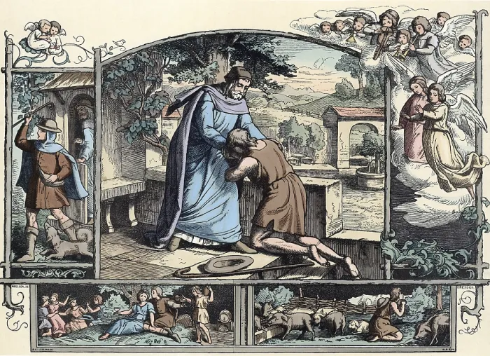 Framed Print : Scene from the biblical story, the famous biblical parable of the prodigal son