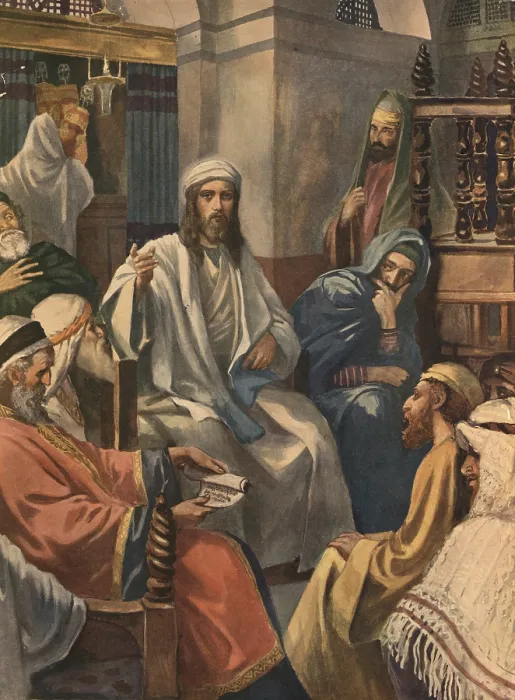 Framed Print : Scene from the biblical story, Jesus in the synagogue of Nazareth