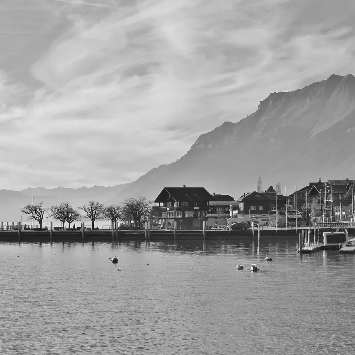Framed Print : Scene in Brienz, lake Brienz and mountains