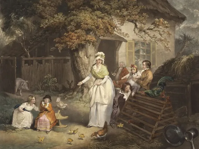 Framed Print : Scene on a farm in England, woman feeding chickens Framed Print : Scene on a farm in England, woman feeding chickens
