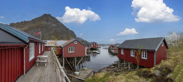 Framed Print : Scenic fishing village A in Lofoten Islands with authentic fishermen sheds and museum