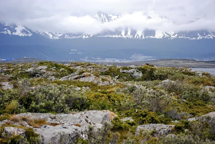 Framed Print : Scenic view of rocky ground and snow-capped mountains in Ushuaia